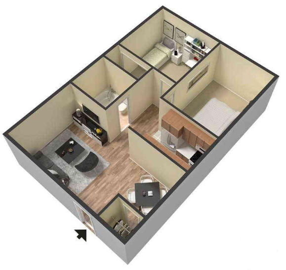 Floor plan for 2 beds, 1 bath, 929 sqft